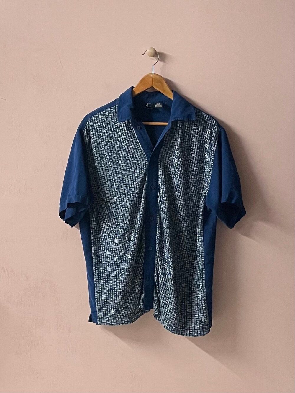 Vintage The Collection 100% Silk Blue Marled Front Button Down Shirt Size M